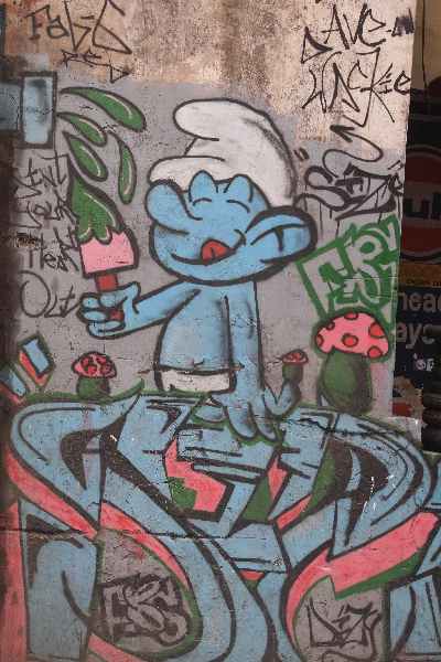 Smurf graffito painting on a wall in Aizawl, Mizoram (North-Eastern India)