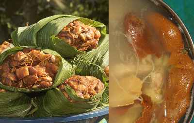 Tamarindus indica: Peeled Tamarind pods wrapped in Bamboo leaves and Tamarind water as a condiment in a Marma restaurant