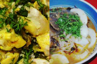 Bangladeshi/Marma food: Spicy chicken salad and rice noodle soup with boiled eggs and banana stem