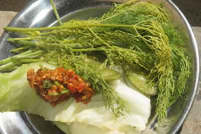 Bangladeshi/Marma Food: Vegetable salad with spicy chili paste and dill weed