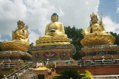 Avalokiteshvara, Buddha Shakyamuni and Padmasambhava (Guru Rimpoche) near Swayambhunath, Kathmandu, Nepal
