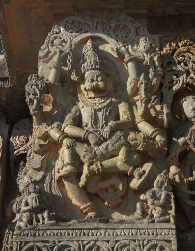 Narasingha fights Hiranyakasipu, at Hoysaleshwara Devalaya Temple, Halebidu, Karnataka (India)