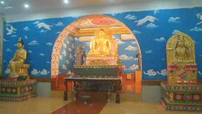 Hall in the Jaya Sri Maha Bodhi Vihare (Buddhist temple of the Indian Mahabodhi Society), in Bodhgaya, Bihar (Northern India)
