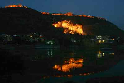 City palace reflected in Naval Sagar Lake, Bundi, Rajasthan (India)