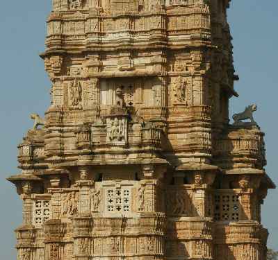Close-up to Vijaya Stambha (Tower of Victory) in Chittaurgarh Fort, Rajasthan, India