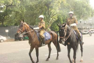 Mounted Police with angry horse, in Colombo Fort, Sri Lanka