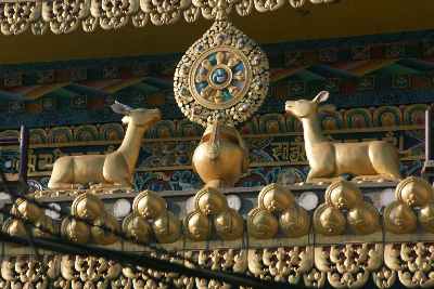 Two deers and Three Jewels at the central temple in McLeod Ganj, Dharamsala, Himachal Pradesh (India)