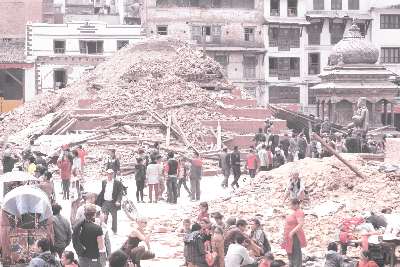 Nepal Earthquake 2015: Collapsed temple at Basantapur Durbar (part of Durbar Square), Kathmandu 