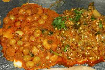 Indian / Gujarati Food: Masala Chana (spicy chickpeas) and Bharta (burnt Aubergine)