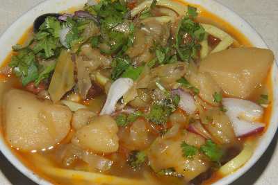 Nepalese food: Thukpa with potatoes (Noodle soup)