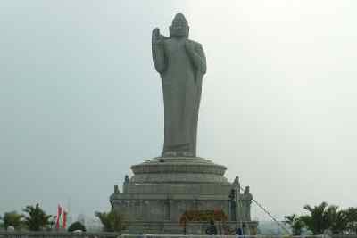 Buddha statue on an island in Hussein Sagar, Hyderabad, Telangana formerly Andhra Pradesh (India)
