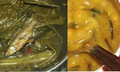 Indian / Manipuri food: Kang-soi (boiled mustard green) and Ooty/Uti (pea dal) 