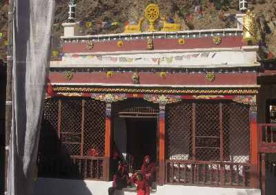 Entrance to the praying hall of a Buddhist monastery in Marpha (Mustang, Nepal)