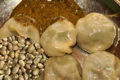 Nepali food: Momos served with hemp seed sauce (Bhago, Cannabis indica)