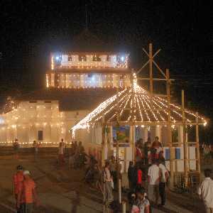 Lankatilaka Viharaya Perahera: Lankathilaka temple with festival illumination, near Kandy, Hill Country, Sri Lanka