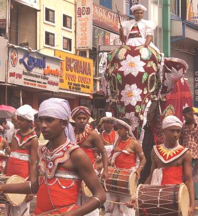 Esala/Dalada Perahera in Kandy, Sri Lanka, Pattini drummers and elephant during Daval Day Perahera