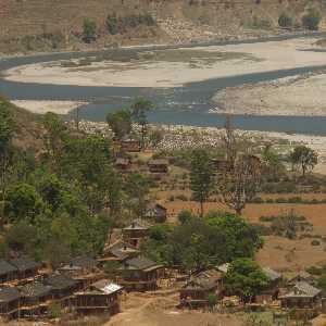 Village on the banks of Karnali river, view from Karnali Highway (Surkhet to Jumla, Western Nepal)