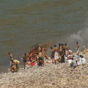 Hindu cremation at Karnali river, view from Karnali Highway (Surkhet to Jumla, Western Nepal)