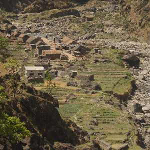 Village in a stone-covered gorge, view from Karnali Highway (Surkhet to Jumla, Western Nepal)