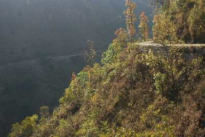 Jungle-covered mountain near Surkhet (Birendranagar), seen on Karnali Highway (Surkhet to Jumla), Western Nepal