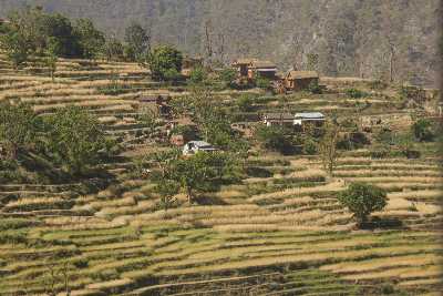 Village with rice terraces opposite Kalikot, seen on Karnali Highway (Surkhet to Jumla), Western Nepal