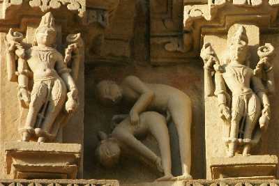 Eotic scene at Facade of Jagadambi Mandir Temple, Khajuraho, Madhya Pradesh, India