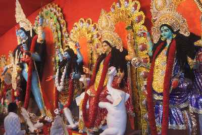 Shiva and various Godesses in a Pendal during Diwali festival in Kolkata (Calcutta), West Bengal, India