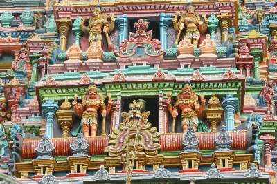 Decoration in Northern Gopuram of Meenakshi Amman temple in Madurai, Tamil Nadu (India)
