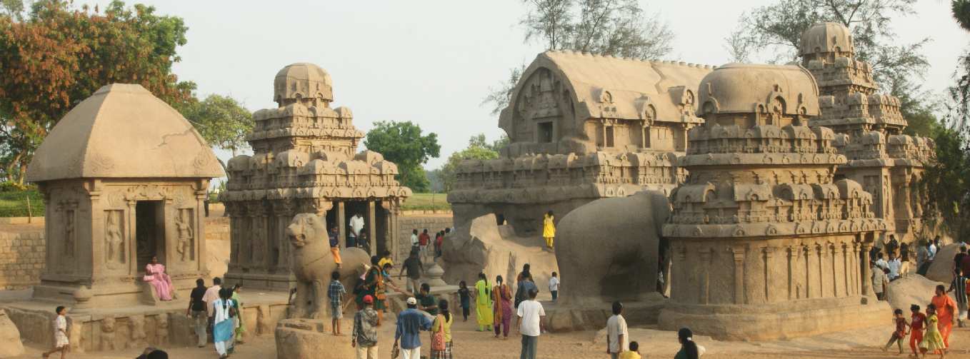 Five Rathas (Draupadi, Arjuna, Bhima, Nakula-Sahadeva, Yudhishtira) Hindu rock temples, Mamallapuram, Tamil Nadu (India)