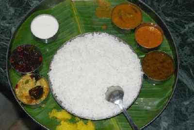 Indian / Tamil food: Meal served on banana leaf