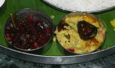 Indian / Tamil food: Red beetroot curry and Dal with dried Kundu Milagai chili
