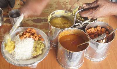 Sri Lankan Tamil food: Vegetable curries served in a restaurant
