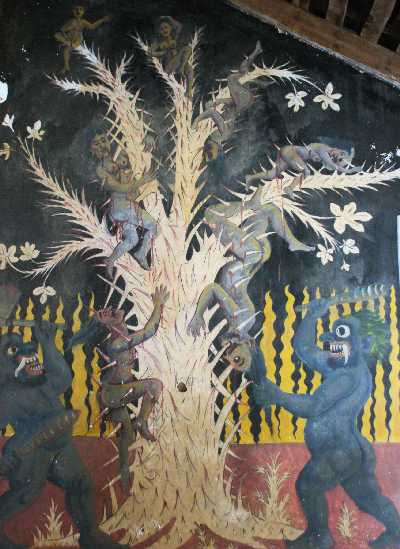 Torment of the Damned involving a spiny tree, at Aluvihare Buddhist Monastery Cave Temple, Matale (Cultural Triangle, Sri Lanka)