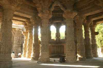 Inside pillars in Mandapa dancing hall at Modhera Sun Temple, Gujarat (India)