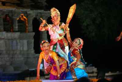 Durga slays the demon (asura) Mahisha, at Modhera Dancing Festival, Gujarat (India)