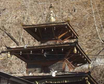 Wooden roof construction of Sri Muktinath Mandir Hindu temple in the Nepalese Himalaya