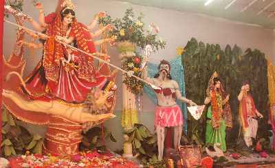 Durga slaying Mahisha demon, shown during Dussehra (Durga Puja) Hindu festival at Rajgir, Bihar (Northern India)