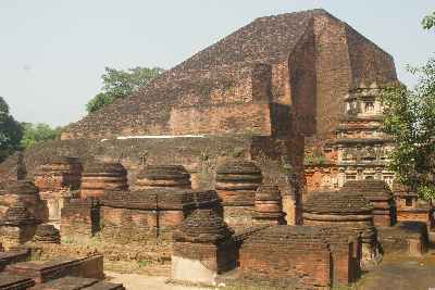 Temple No. 3 and votive stupas at Nalanda archeological excavation site, near Rajgir, Bihar (Northern India)