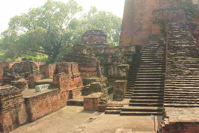 Entrance stairs to Temple No. 3 at Nalanda archeological excavation site, near Rajgir, Bihar (Northern India)