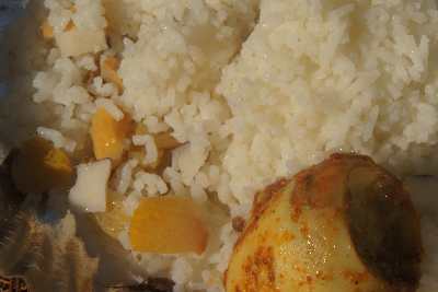 Nepali/Sherpa Food: Rice with dried dates and spicy marinated boiled egg