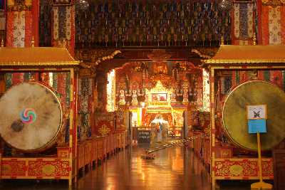 Prayer Hall in Thrangu Tashi Yangtse Buddhist monastery in Namobuddha, near Dhulikhel (Kathmandu valley, Nepal)