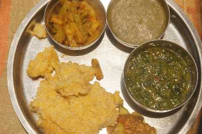Nepali Food: Dal, Vegetable and Maize (Corn) porridge (Makai)