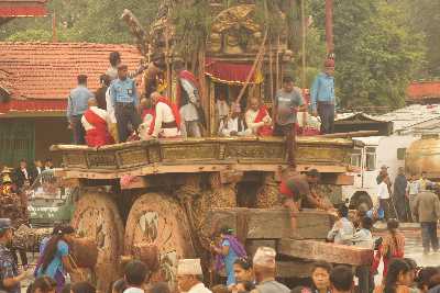 Ratha (Wooden Chariot) during the Rato Machindranath Jatra festival in Patan, Kathmandu Valley, Nepal