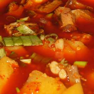 Chinese Food: Hong-shao Pai-gu (red-cooked potatoes and chicken)