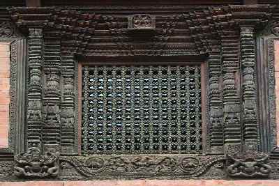 Wooden window at the palace at Durbar Square in Patan, Nepal