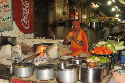 Vegetarian local restaurant new Brahma temple in Pushkar, Rajasthan (India)