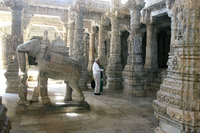 Hall with beautifully carved marble columns and elephants in Adinath Mandir Jain Temple, Ranakpur, Rajasthan (India)