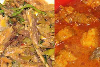 Bangladshi/Chakma food: Hangar (dried fish salad) and pork stew, eaten in Rangamati (Chittagong Hill Tracts, Bangladesh)