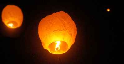 Airborne candle-lit paper lanterns in a Theravada Buddhist celebration in Rangamati (Chittagong Hill Tracts, Bangladesh)
