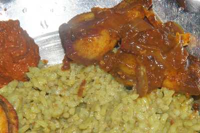 Indian / Khasi Food: Jadoh (pork biryani) with spicy Tungtap chutney (contains Naga Jolokia chili)